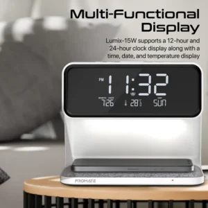 Promate Lumix-15W LED Alarm Clock with 15W Wireless Charger